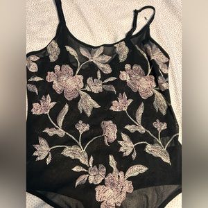 Embroidery details, mesh black bodysuit
